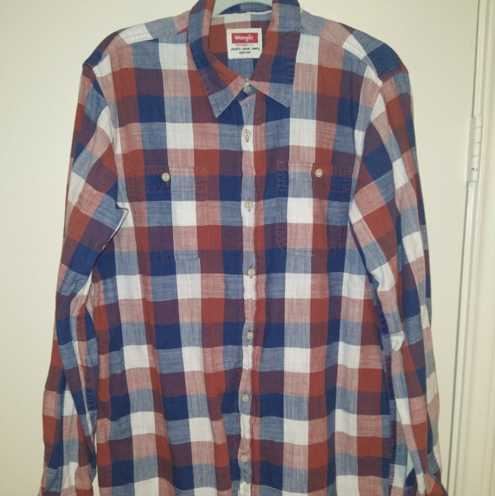 Wrangler Indigo Plaid Long Sleeve Button Up Shirt Men's sz Medium